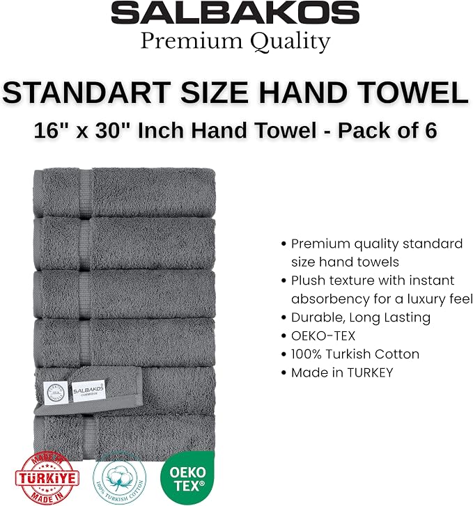 SALBAKOS 6-Piece 100% Turkish Cotton Hand Towels, 16x30 inch, Gray | Large Size Thick Super Soft Highly Absorbent, Versatile Hair Face & Hand Drying Towel, Premium Hotel Quality Made in Turkey
