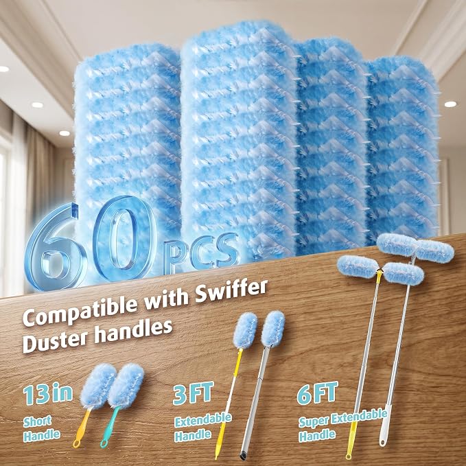 Duster Refill for Swiffer Duster, 60 Count, Not Include Handle Dusters | Electrostatic Duster 2 Side 360° Duster Refills, Disposable Multi Surface Dusters for Cleaning, Unscented
