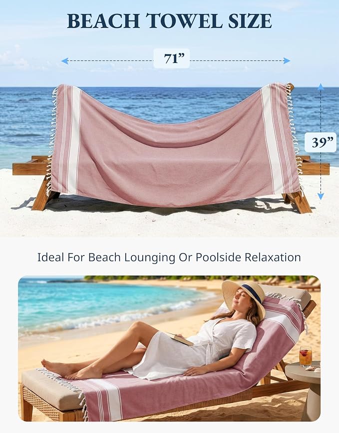 LANE LINEN Beach Towel 4 Pcs, Turkish Beach Towel Set, Soft - Cashmere Rose | Pre-Washed Pool Towels - 39"x71", Vacation Essential - Machine Washable, Travel & Camping - Super Absorbent, Reinforced Hems