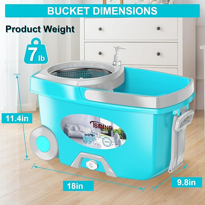 FunClean Spin Mop and Bucket for Home Cleaning, 360° Rotating Floor Mop with Wringer, Adjustable 61" Handle for Back Pain Relief, 6 Microfiber Replacement Heads, 2 Easy-Move Wheels - Blue
