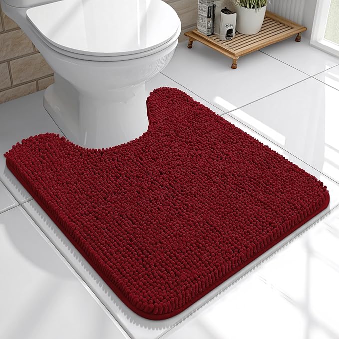 OLANLY Toilet Rugs U-Shaped 20x20, Extra Soft Absorbent Chenille Contour Bathroom Rugs for Toilet, Dry Quickly, Machine Washable, Non-Slip Bath Mat, Red