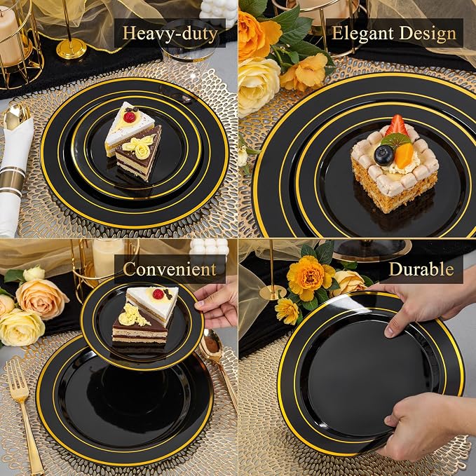 WDF Partyware 175PCS Black and Gold Plates - Black Disposable Plates for Party - 25Guests Disposable Dinnerware Set for Wedding/Party/Birthday/Halloween