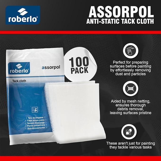 Roberlo Assorpol Professional Grade Anti-Static Tack Cloths for Automotive, Painting, Woodworking, Metal - Removes Dust, Sanding Particles, Cleans Surfaces, and Staining - Pack of 100-18"x36"