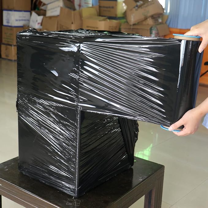 BOMEI PACK Black Stretch Wrap Industrial Strength with Plastic Handle 12" x 1000 Feet 80 Gauge 3-Pack, Black Shrink Wrap, Self-Adhering Black Plastic Wrap for Shipping, Moving