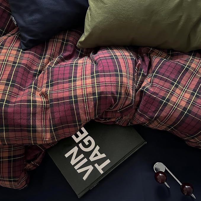 mixinni Vintage Buffalo Plaid Duvet Cover Set Twin XL Size – 3 Piece Washed Cotton Bedding for College Dorm, Soft & Breathable Burgundy Grid Comforter Cover with Retro Aesthetic for Teen Boys Girls