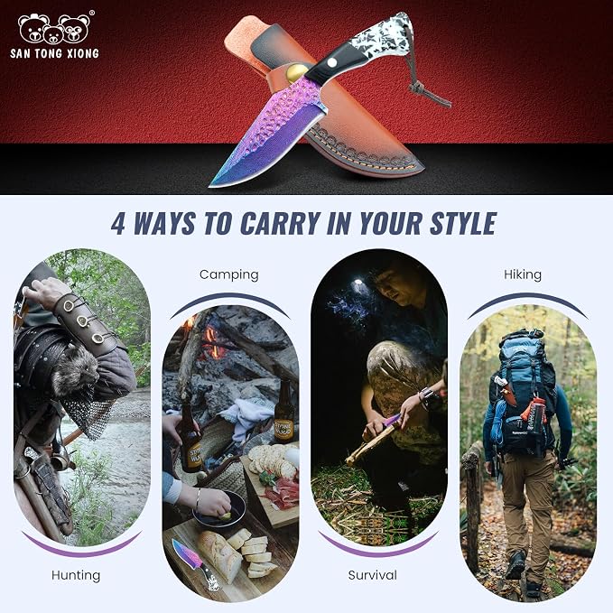 Premium Hunting Knife with Leather Sheath, 4.2" Damascus Style Fixed Blade Knife, Rainbow Titanium Coated German High Carbon Steel, Two-Tone Wood Handle,Unique Outdoor EDC Knife Gift for Men and Women (Dazzling colors)