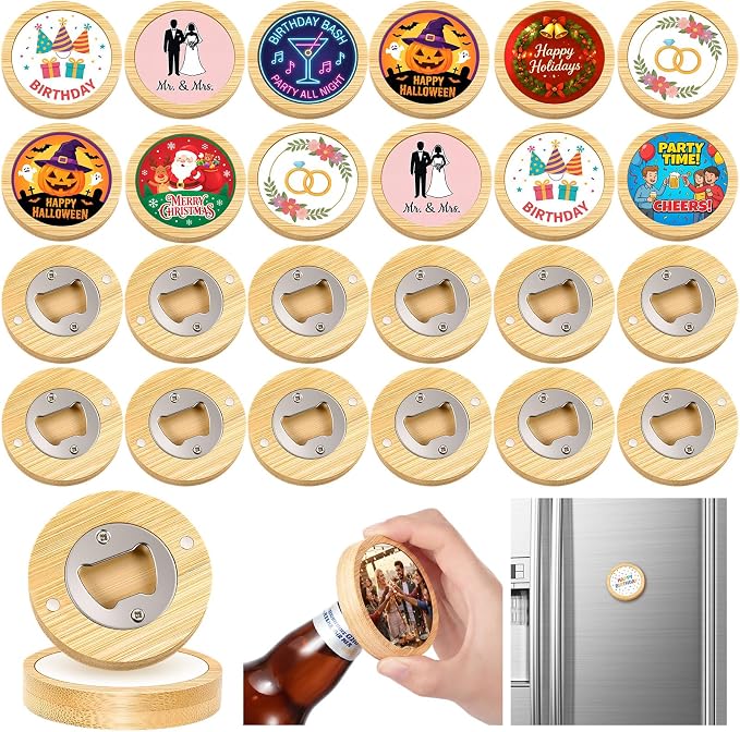 Vesici 24 Pcs 2 in 1 Sublimation Blank Magnetic Bottle Opener 2.5 Inch DIY Bamboo Fridge Magnetic Beer Opener Wooden Heat Transfer Print Cap Openers for Kitchen Bar Restaurant Wedding Gift (Round)