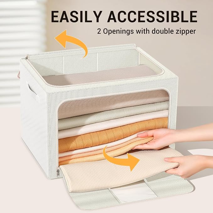 Clothes Storage Bins with Metal Frame, Foldable Clothes Organizers Storage Containers for Clothes, Sheets, Blankets, Pillows and Towels (24L, 3 Pack) Beige