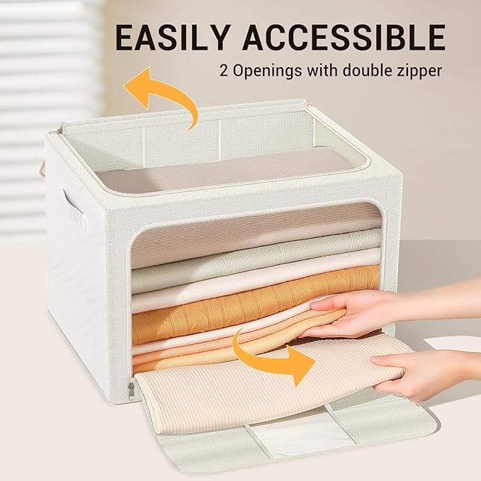 Clothes Storage Bins with Metal Frame, Foldable Clothes Organizers Storage Containers for Clothes, Sheets, Blankets, Pillows and Towels (66L, 3 Pack) Beige