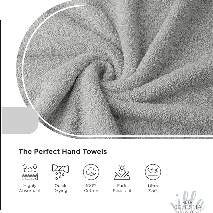 Villa Celestia Cotton Hand Towels Set of 2, 16 x 28, Oeko-TEX Certified, Quick Dry, Silver