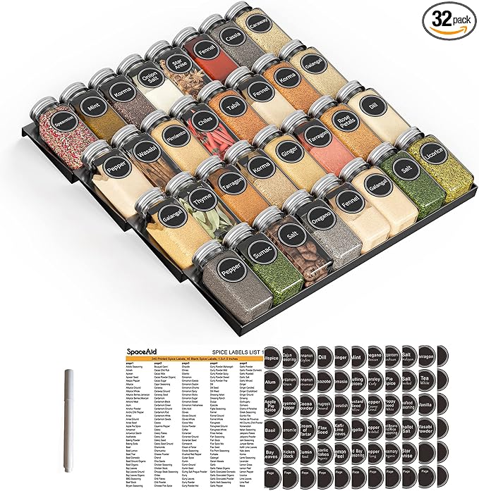 SpaceAid Spice Drawer Organizer with 32 Spice Jars, 386 Spice Labels, 4 Tier Seasoning Rack Tray Insert for Kitchen Drawers, 15" Wide x 17.5" Deep