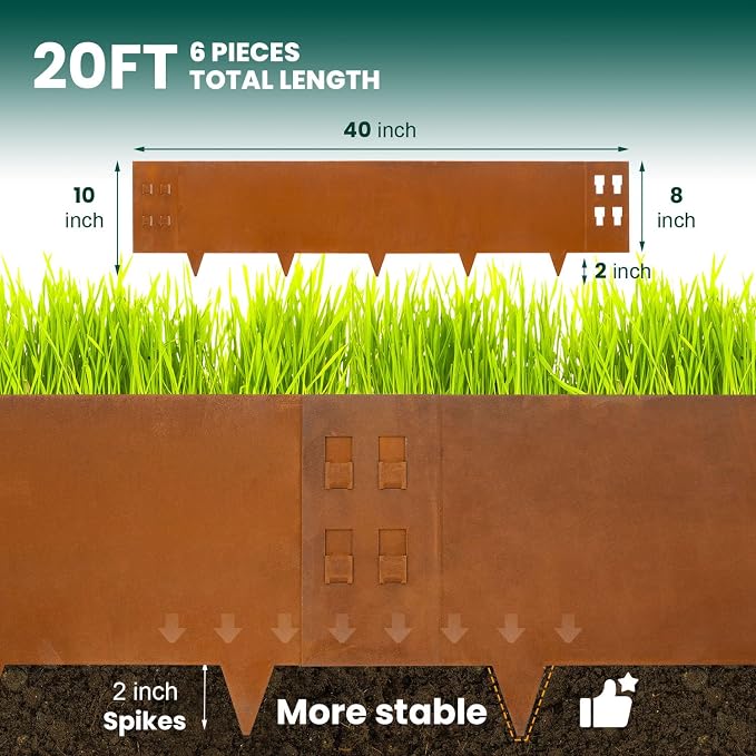 Corten Steel Landscape Edging 10" H x 40" L, Metal Garden Edging | Steel Landscape Edging, Garden, Landscaping, Border, Rusted, for Lawn, Yard, Outdoor Plant, 6 pcs, Flexible and Bendable