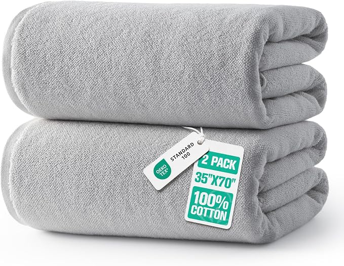 REDKISS 2 Piece Extra Large Bath Towels 35 x 70 Inches, Light Gray | 100% Cotton Oversized Bath sheets, Super Soft Highly Absorbent & Quick Dry Shower Towel for Bathroom, Pool, Spa, Gym