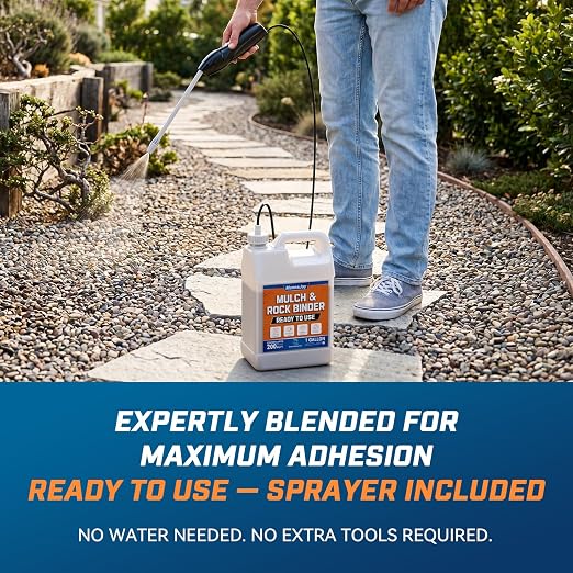 Mulch and Rock Glue for Landscaping with Electric Sprayer, 1 Gallon Ready-to-Use Gravel Glue, Weather-Resistant Outdoor Mulch Binder for Pea Gravel, Pebbles, River Rock, Patios, Gardens, Walkways