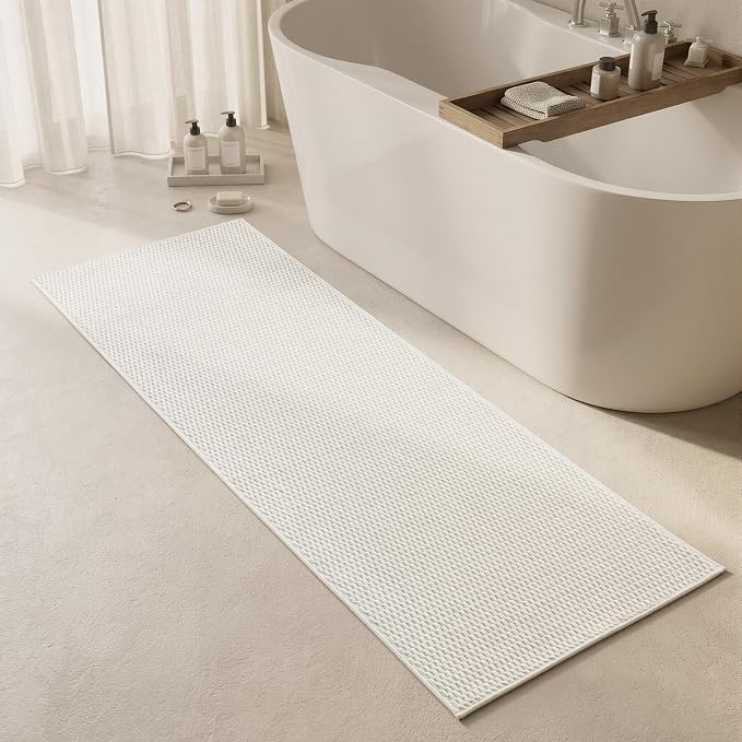 Triohero Bathroom Runner Rugs, Long Bath Mat Runner Washable Thin Quick Dry Low Pile Bathroom Runner Rugs Non Slip, White 24"x70"