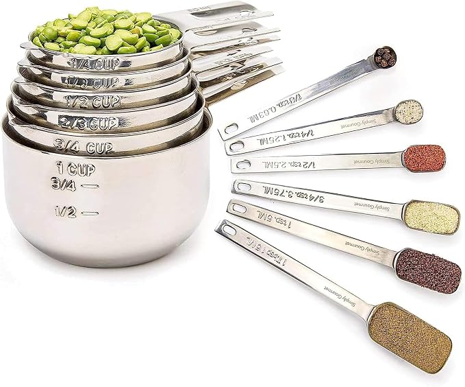 Simply Gourmet Measuring Cups & Spoons Set of 12, 18/08 Stainless Steel Kitchen Gadgets, Stackable Design with Long Handle Spoons, Fits in Spice Jars, Cooking & Baking Set for Dry & Liquid