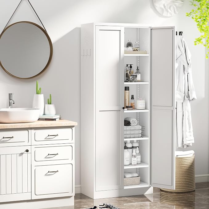 AQY Metal Pantry Cabinet, 72" White Kitchen Storage Cabinet with Doors | 5 Adjustable Shelves Ventilated Metal Cabinet Hanging Hooks Freestanding Kitchen Storage