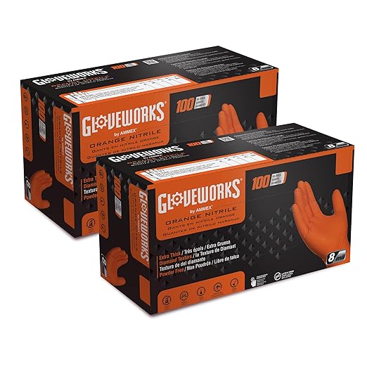GLOVEWORKS 8 Mil Orange Nitrile Disposable Gloves Heavy Duty Industrial RDT for Mechanic and Automotive Medium 2 Boxes of 100
