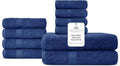 Villa Celestia 10-Piece 100% Cotton Towel Set, 2 Bath Towels, 4 Hand Towels, 4 Wash Cloth, Quick-Dry, Navy Blue