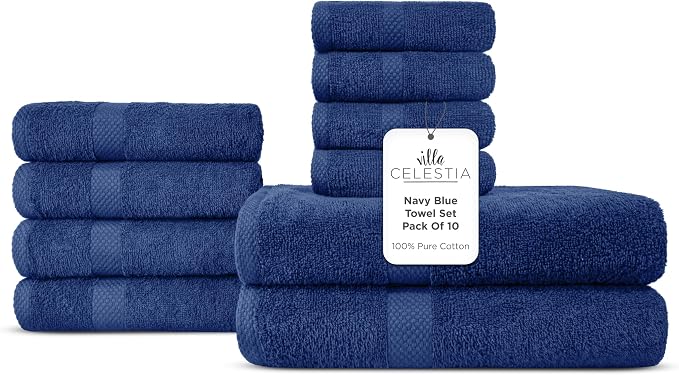 Villa Celestia 10-Piece 100% Cotton Towel Set, 2 Bath Towels, 4 Hand Towels, 4 Wash Cloth, Quick-Dry, Navy Blue