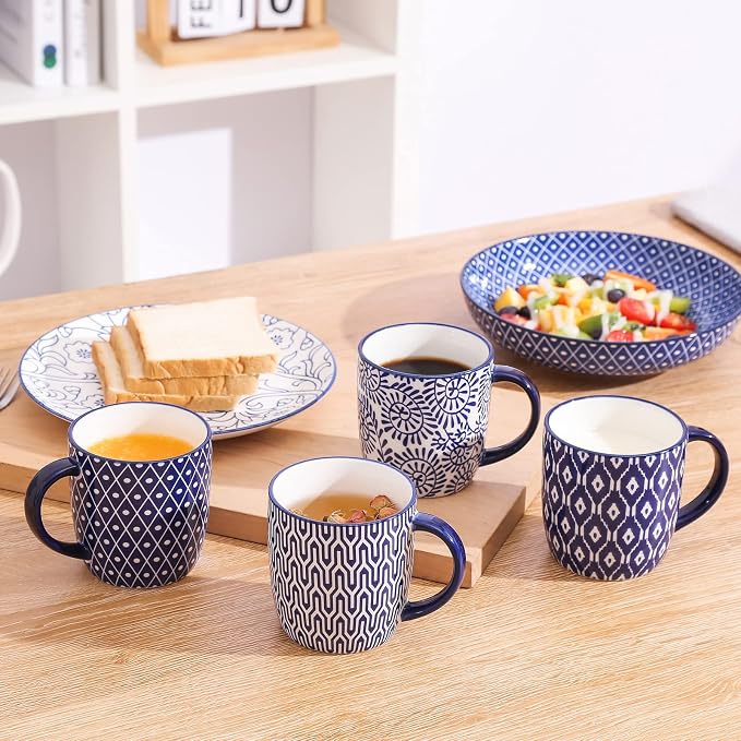 Selamica 10 OZ Coffee Mugs Set of 4, Small Coffee Cups Ceramic with Handle for Cappuccino Latte Cocoa Milk, Dishwasher Microwave Safe,Vintage Blue