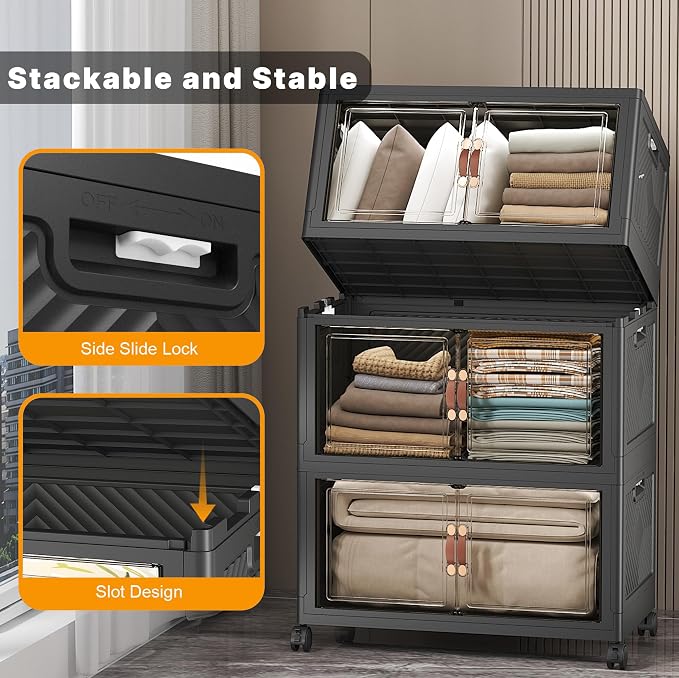 Stackable Storage Bins, 672QT Collapsible Drawers with 2 Lids | Large Capacity, Magnetic Door, Stack Lock, Rolling Wheels, Foldable Design, Organizers and Storage for Bedroom Dorm Garage
