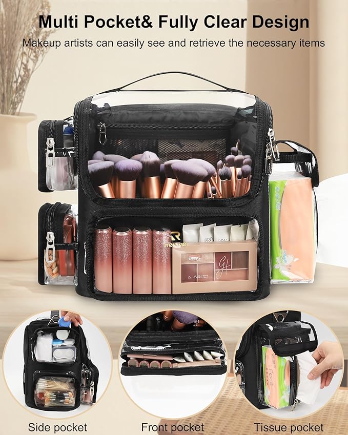 TANTO Makeup Brush Bag, Makeup Artist Bag Clear Makeup Case Professional Large Cosmetic Organizer Bag Portable Cosmetic Train Case with Adjustable Dividers & Shoulder Strap Easy to Clean