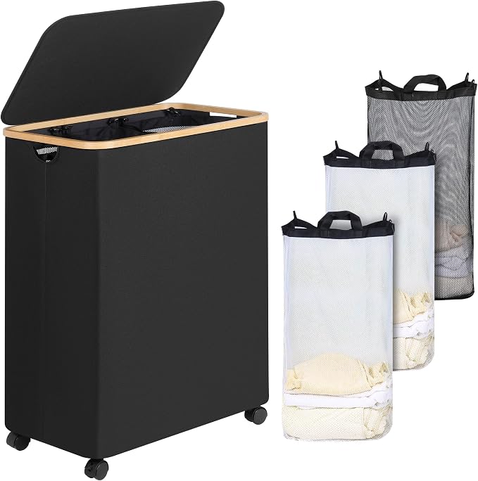 IEGrow Laundry Hamper with Lid,160L Laundry Basket with 3 Mesh Bags,Black | Dirty Clothes Hamper Basket with Bamboo Handle for Clothes Towels