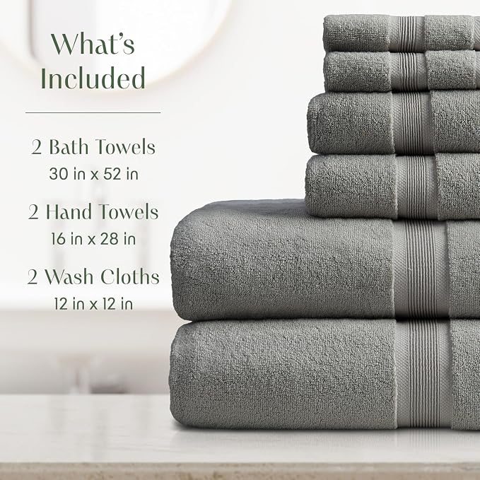 Springtree Home Luxury Bamboo Rayon Bath Towel Set | 6-Piece Set | Carbon | 35% Bamboo Rayon - 65% Zero Twist Cotton | Absorbent Quick-Dry Towels for Bathroom | Ultra Soft | OEKO-TEX Standard 100