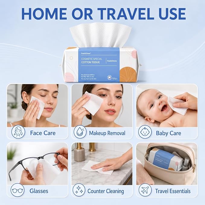 PoeticEHome Face Towel Disposable - Ultra Soft Cotton Tissue Dry Wipes - Lint Free Facial Cleansing Cloths