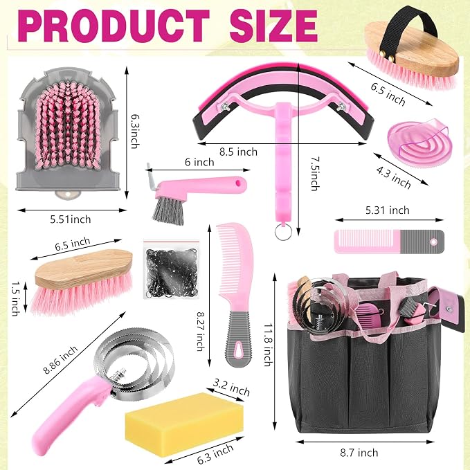 Abbylike 12 Piece Horse Grooming Kit with Organizer Tote Bag Brush Sets for Derby Day Show Horses Professional Tools for Care & Massage(Pink and Grey)