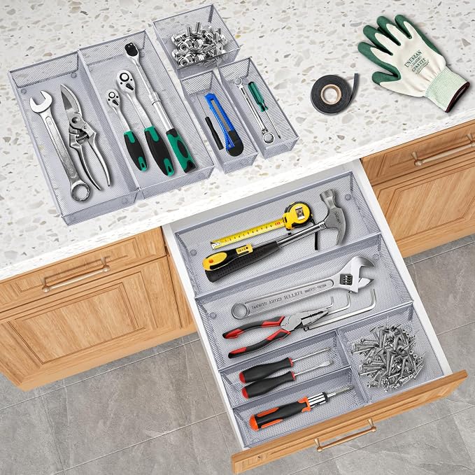 Neudeco Silverware Drawer Organizer, Pack 5, Silver | Utensil Organizer, For Large Utensils, Interlocking Arm, Cutlery Tray for Knives Fork Spoon
