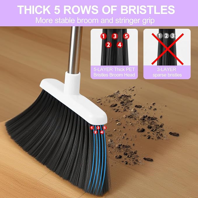 Broom with Dustpan Combo Set for Home, 52-in Long Adjustable Handle Angle Broom and Dustpan Set with Dustpan Comb Teeth for Sweeping Pet Hair Food Dirt Kitchen (White-Purple)