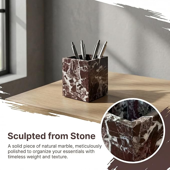 Natural Marble Pen Holder, Square Desk Organizer, Marble Toothbrush Holder, Multi-Functional Makeup Brush Holder, Decorative Storage Cup for Office Vanity Bathroom Kitchen (Rosa Levanto)