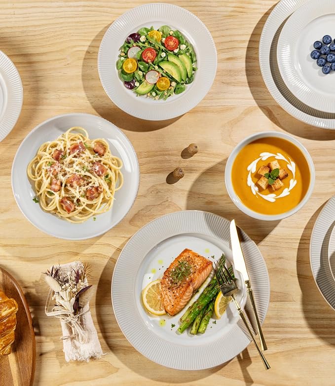 TheTerra Ceramic Dinnerware Sets for 6, 18 Pieces Porcelain Lightweight Plates and Bowls Sets, Scratch Resistant Dish Set, Oven, Microwave & Dishwasher Safe, Cream White