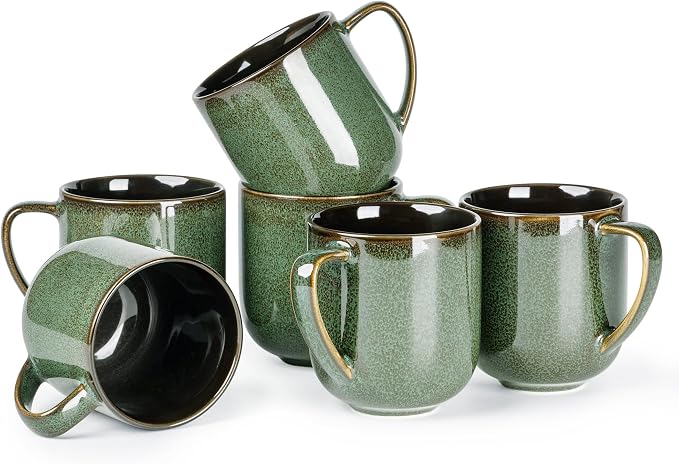 LERATIO Ceramic Coffee Mugs Set of 6,12oz Handmade Coffee Mugs Set | Large Handle for Cappuccino/Latte/Tea/Hot Cocoa,Oven &Dishwasher & Microwave Safe-Green