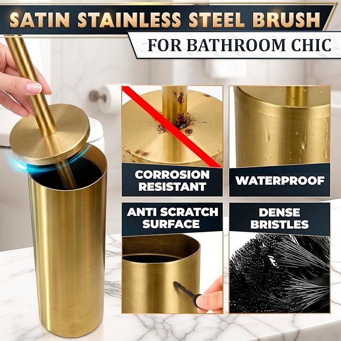 2 PCS Gold Toilet Brush and Holder Set - Brushed Stainless Steel Gold Toilet Bowl Brush and Holder with Replacable Head, Removable Inner Bowl, and Splash Protection - Dense Bristles for Cleaning