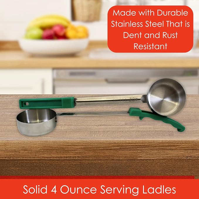 4 oz Solid Stainless Steel Portion Control Ladle Spoon | Commercial-Grade Spoodle for Portioning & Serving - Soups, Sauces & Buffet Service. Color-Coded by Size. Dishwasher Safe.