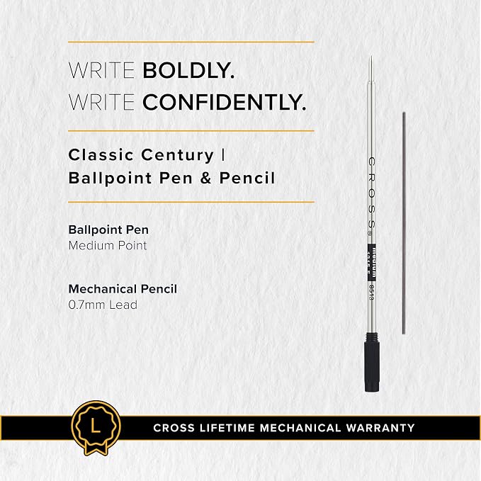 Cross Classic Century Refillable Pen & Pencil Gift Set Presented in a Luxury Gift Box - Medium Point, Black Ink, Satin Chrome