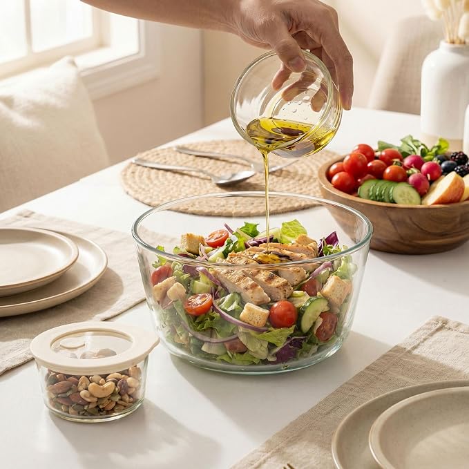Glass Food Container Set with Glass Lid, 3 Pack, Meal Prep Containers with Silicone Airtight Lid, 1 Large Glass Salad Bowl, 2 small dressing containers,Leakproof, 100% Plastic Free