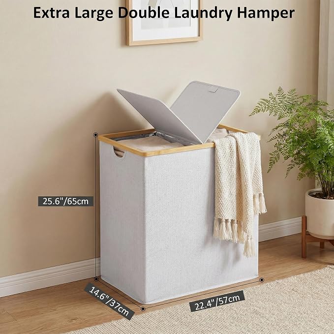 efluky Laundry Hamper with Lid, Double Laundry Basket with 2 Removable Bags, 2 Section Laundry Bin with Bamboo Handles for Bathroom, Bedroom & Laundry Room, 140L (36.9 Gallon) Light Grey