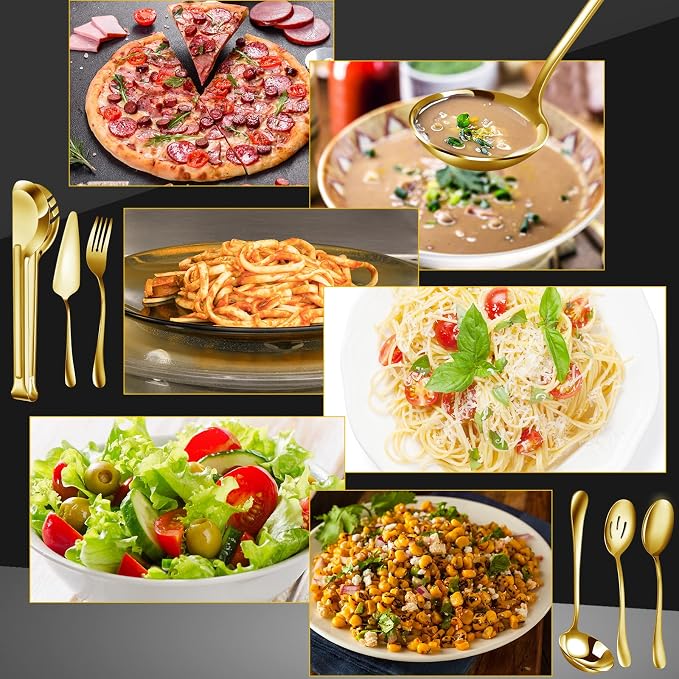 Thenshop 30 Pcs Serving Utensils Set Stainless Steel Flatware Serving Set Include Large Spoons Slotted Spoons Forks Soup Ladle Pie Server and Tongs for Buffet Catering Party Restaurant(Gold)
