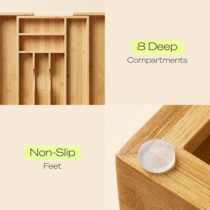 Drawer Organizer for Kitchen Organization – Expandable Bamboo Silverware Drawer Organizer with Removable Knife Block, Bamboo Cutlery, Non-Slip Utensil Organizer with 7-Slot Knife Storage for Flatware