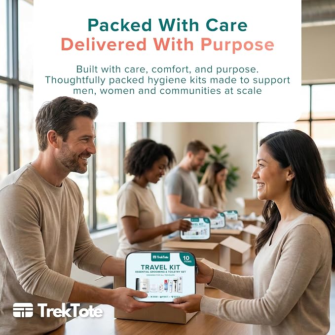 TrekTote Bulk 10 Piece Hygiene Kit Travel Size Toiletries Kit, Care Package, Mini Deodorant Shampoo Toothbrush Toothpaste, Clear Bag 100 Pack