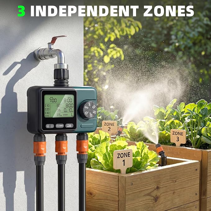 Sprinkler Timer 3 Zone, Programmable Water Timer for Garden Hose with Rain Delay, Manual and Automatic Irrigation Controller System, 3 Outlets Timed Irrigation Controller System for Lawn