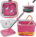 Spin Mop and Bucket Set with Wringer – Dual-Chamber Self Wringing Mop, Flat Microfiber Mop for Hardwood, Tile & Vinyl Floors, 2 Washable Replacement Heads, 63" Handle, Pink