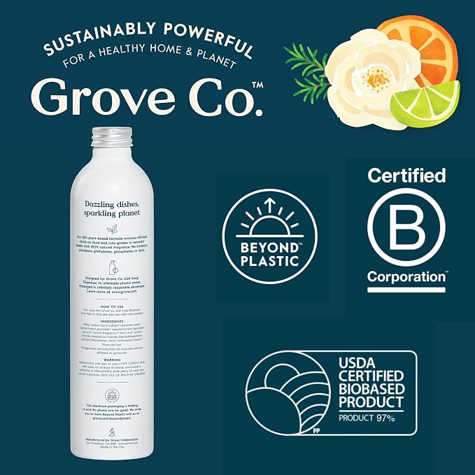 Grove Co. Dish Soap, 3 x 16 fl oz Refills + Refillable Glass Dispenser | Lemon & Eucalyptus; Plastic-Free; Reusable dispenser; Refill format; Removes Stuck on Food; 98% plant-based ingredients