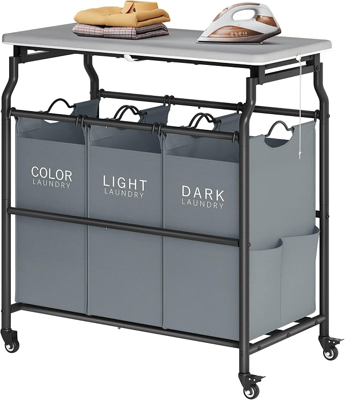 Hoctieon 3 Section Laundry Sorter with Iorning Board, Laundry Hamper, Gray | Lockable Wheels, Laundry Basket Organizer, Heavy Duty Clothes Separator, Removable Bags, Laundry Cart for Bedroom, Bathroom