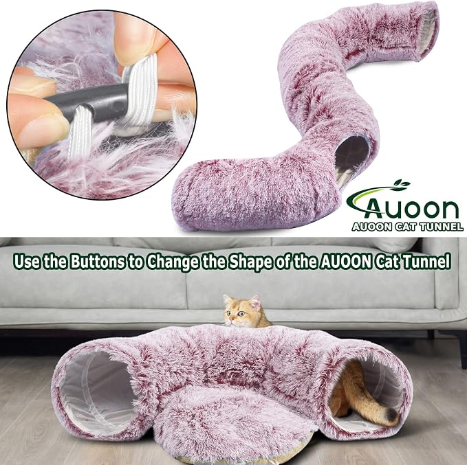AUOON Plush Cat Tunnel Bed for Indoor Cats, 36"L x 36"W x 11.5"H, Rosiness | 2 in-1 Interactive Cat Toy, with Hanging Ball Toy, Machine Washable Center Pad, for Kitten Puppy Rabbit Ferret
