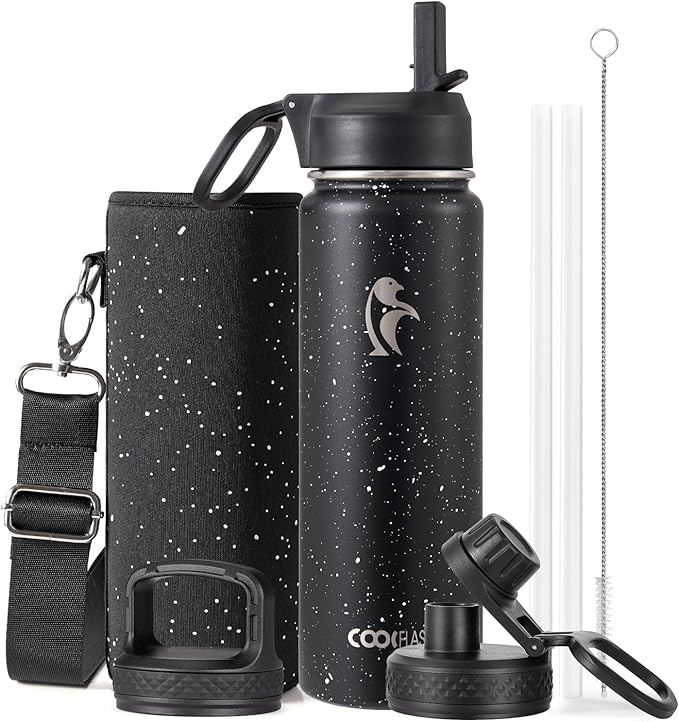 Coolflask Water Bottle 24 oz Insulated with Straw, Stainless Steel Metal 3 Lids Water Flask Wide Mouth for Sports or Office, Non-BPA Keep Cold Up to 48 Hrs or Hot Up to 24 Hrs, Starry Night